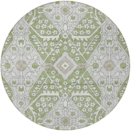 8' Artichoke Green Ivory And Gray Round Floral Washable Indoor Outdoor Area Rug Photo 7