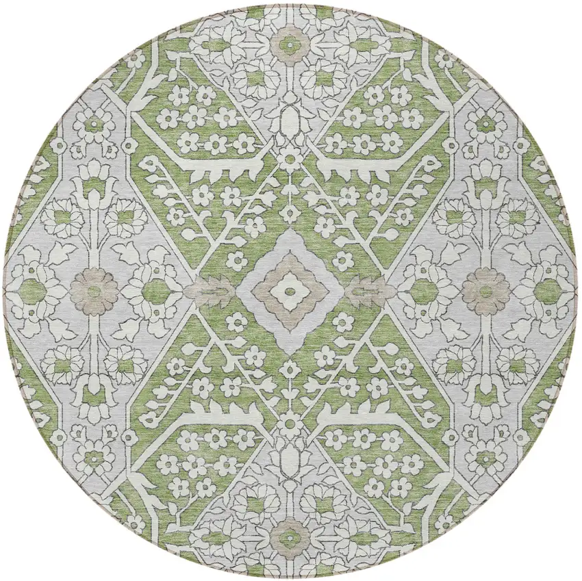 8' Artichoke Green Ivory And Gray Round Floral Washable Indoor Outdoor Area Rug Photo 7