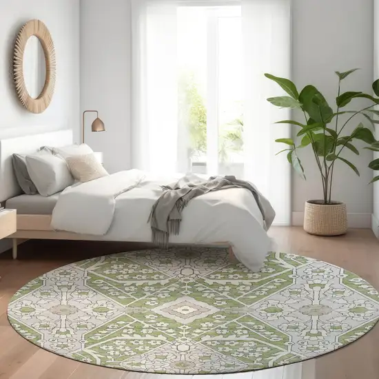 8' Artichoke Green Ivory And Gray Round Floral Washable Indoor Outdoor Area Rug Photo 9