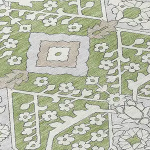 Photo of 8' Artichoke Green Ivory And Gray Round Floral Washable Indoor Outdoor Area Rug
