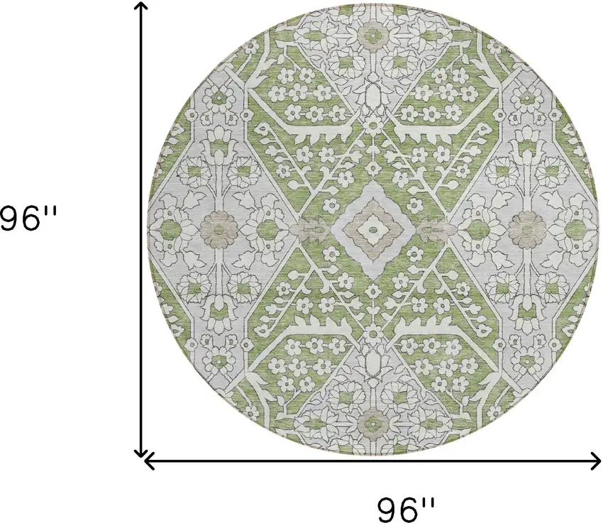 8' Artichoke Green Ivory And Gray Round Floral Washable Indoor Outdoor Area Rug Photo 3