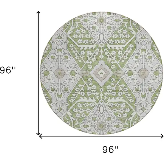 8' Artichoke Green Ivory And Gray Round Floral Washable Indoor Outdoor Area Rug Photo 3