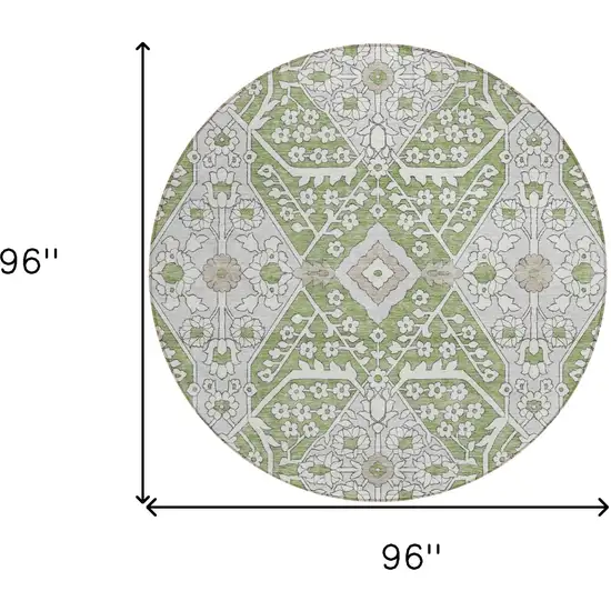 8' Artichoke Green Ivory And Gray Round Floral Washable Indoor Outdoor Area Rug Photo 3