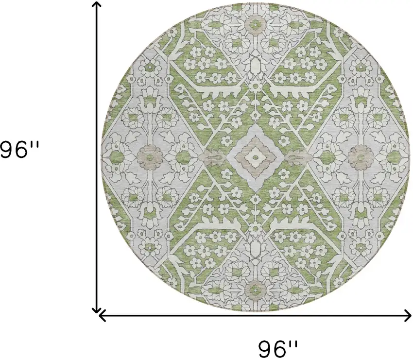 8' Artichoke Green Ivory And Gray Round Floral Washable Indoor Outdoor Area Rug Photo 3
