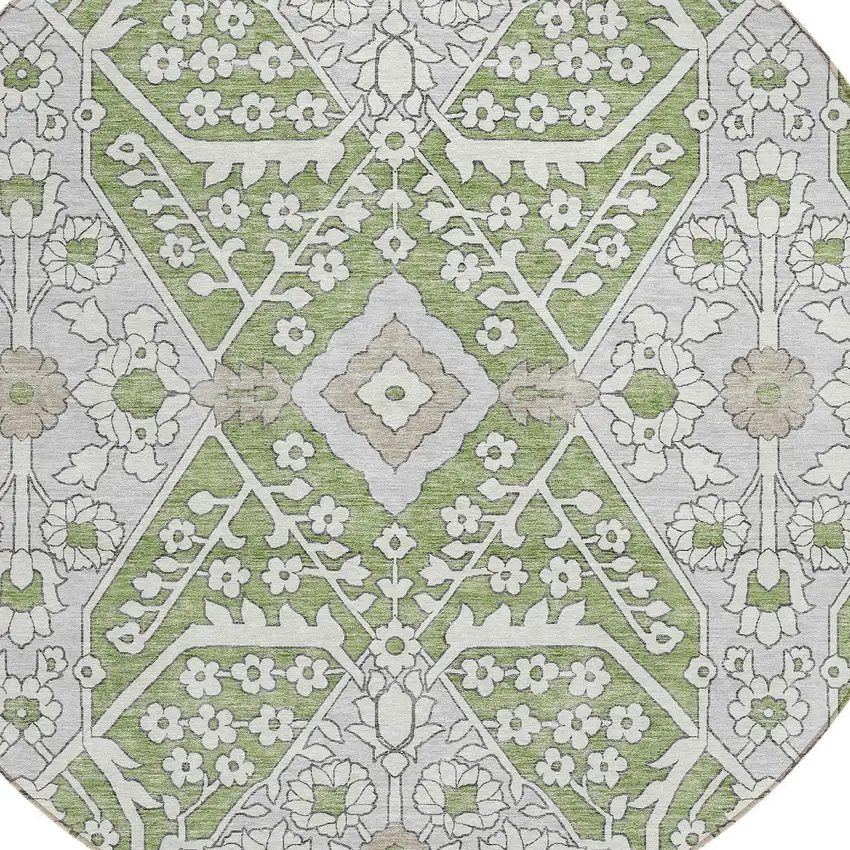 8' Artichoke Green Ivory And Gray Round Floral Washable Indoor Outdoor Area Rug Photo 5