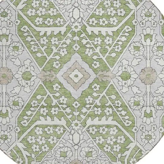 8' Artichoke Green Ivory And Gray Round Floral Washable Indoor Outdoor Area Rug Photo 5