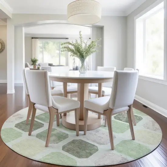 8' Artichoke Green Ivory And Gray Round Geometric Washable Indoor Outdoor Area Rug Photo 6