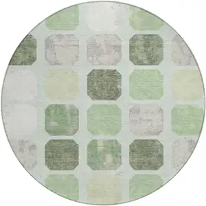 Photo of 8' Artichoke Green Ivory And Gray Round Geometric Washable Indoor Outdoor Area Rug
