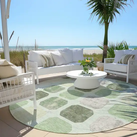 8' Artichoke Green Ivory And Gray Round Geometric Washable Indoor Outdoor Area Rug Photo 5