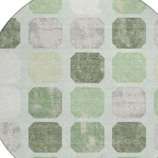 8' Artichoke Green Ivory And Gray Round Geometric Washable Indoor Outdoor Area Rug Photo 8
