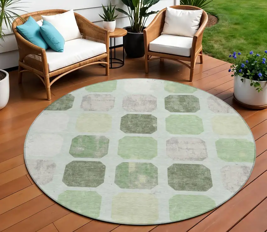 8' Artichoke Green Ivory And Gray Round Geometric Washable Indoor Outdoor Area Rug Photo 2