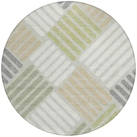 8' Artichoke Green Ivory And Gray Round Geometric Washable Indoor Outdoor Area Rug Photo 4
