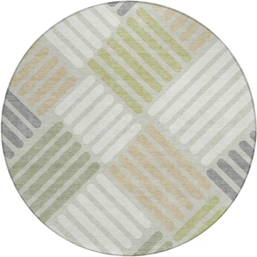 8' Artichoke Green Ivory And Gray Round Geometric Washable Indoor Outdoor Area Rug Photo 2