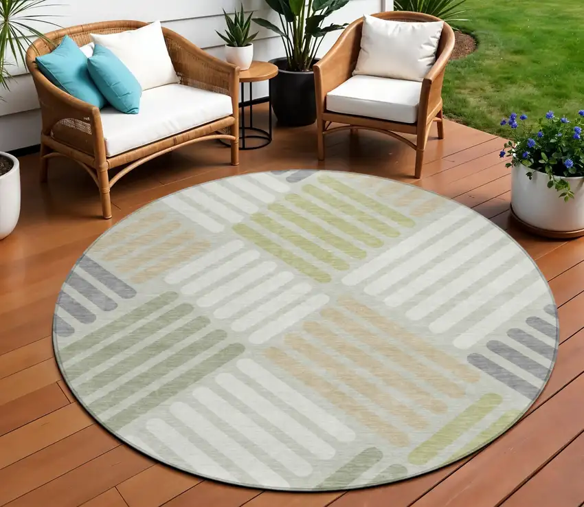 8' Artichoke Green Ivory And Gray Round Geometric Washable Indoor Outdoor Area Rug Photo 1