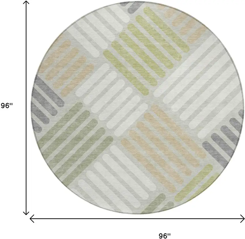 8' Artichoke Green Ivory And Gray Round Geometric Washable Indoor Outdoor Area Rug Photo 3