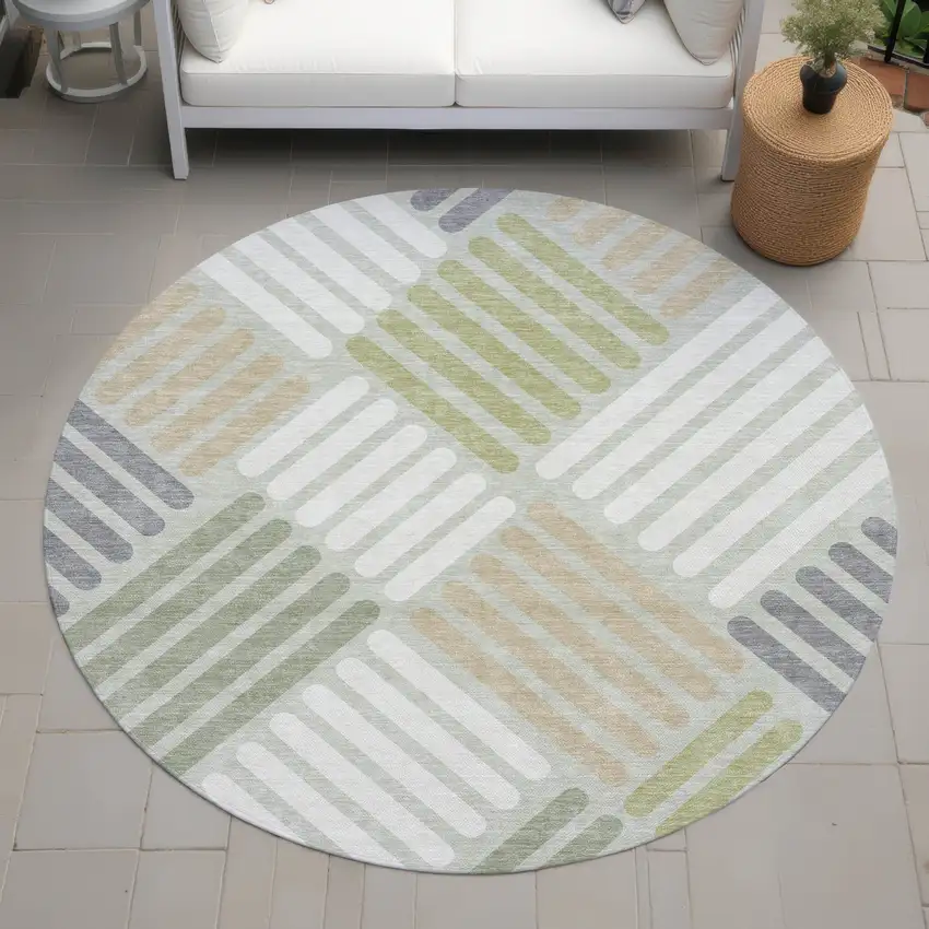 8' Artichoke Green Ivory And Gray Round Geometric Washable Indoor Outdoor Area Rug Photo 8