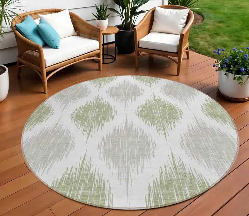 8' Artichoke Green Ivory And Gray Round Ikat Washable Indoor Outdoor Area Rug Photo 1