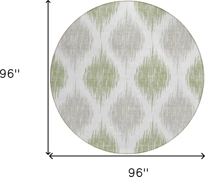 8' Artichoke Green Ivory And Gray Round Ikat Washable Indoor Outdoor Area Rug Photo 3