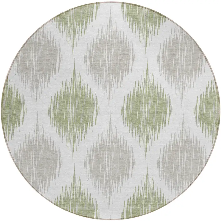 8' Artichoke Green Ivory And Gray Round Ikat Washable Indoor Outdoor Area Rug Photo 2