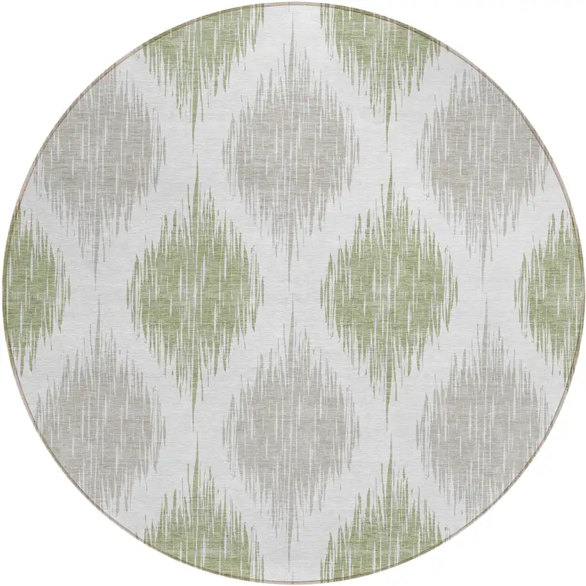 8' Artichoke Green Ivory And Gray Round Ikat Washable Indoor Outdoor Area Rug Photo 2