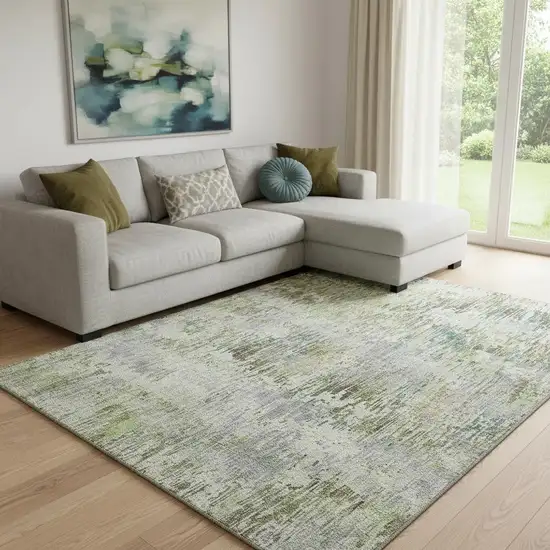 8' Artichoke Green Ivory And Gray Striped Washable Area Rug With UV Protection Photo 2