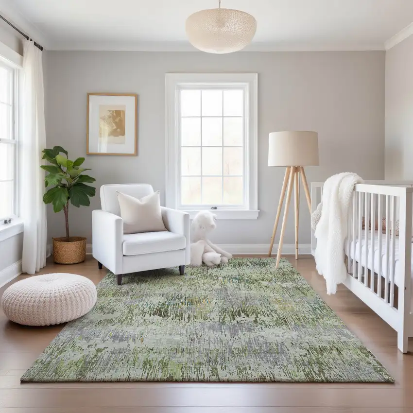 8' Artichoke Green Ivory And Gray Striped Washable Area Rug With UV Protection Photo 5