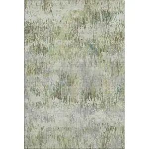 Photo of 8' Artichoke Green Ivory And Gray Striped Washable Area Rug With UV Protection