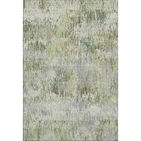 8' Artichoke Green Ivory And Gray Striped Washable Area Rug With UV Protection Photo 1