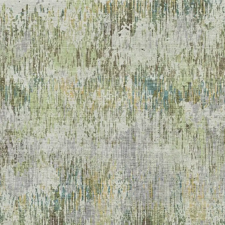 8' Artichoke Green Ivory And Gray Striped Washable Area Rug With UV Protection Photo 2