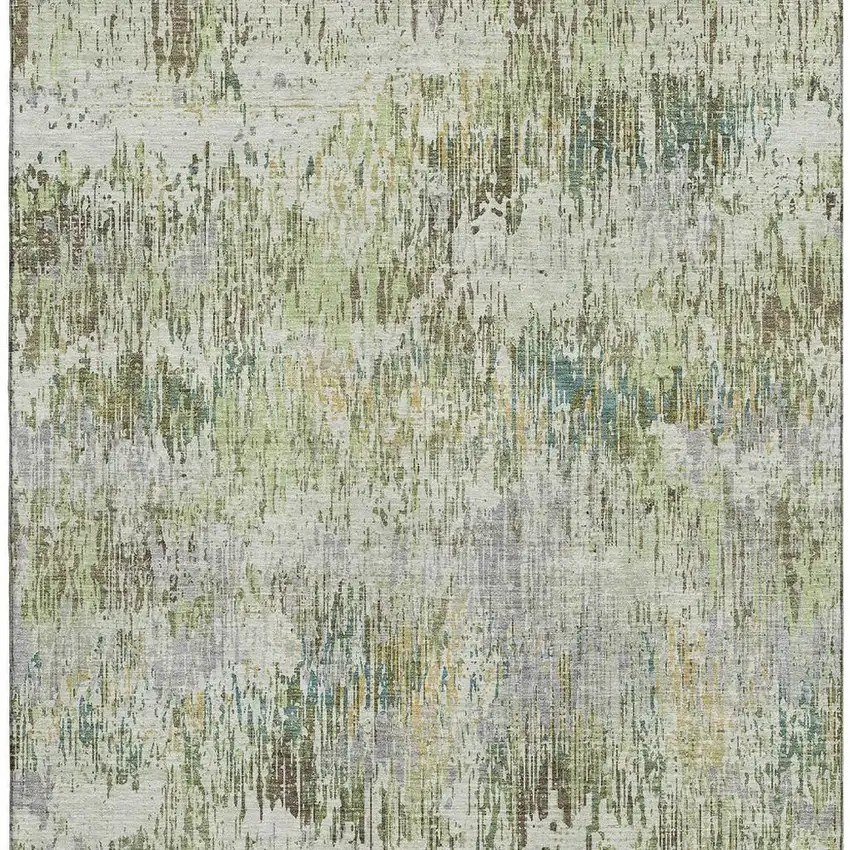 8' Artichoke Green Ivory And Gray Striped Washable Area Rug With UV Protection Photo 3