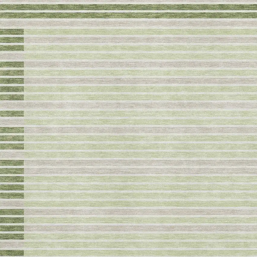 8' Artichoke Green Ivory And Gray Striped Washable Area Rug With UV Protection Photo 2