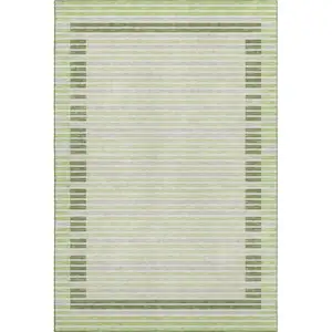 Photo of 8' Artichoke Green Ivory And Gray Striped Washable Area Rug With UV Protection