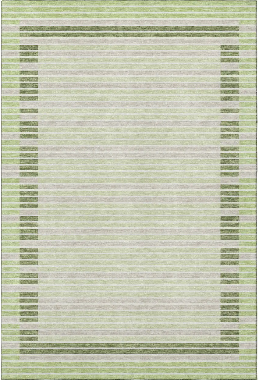 8' Artichoke Green Ivory And Gray Striped Washable Area Rug With UV Protection Photo 3