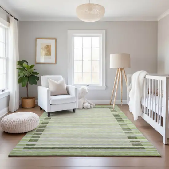 8' Artichoke Green Ivory And Gray Striped Washable Area Rug With UV Protection Photo 5