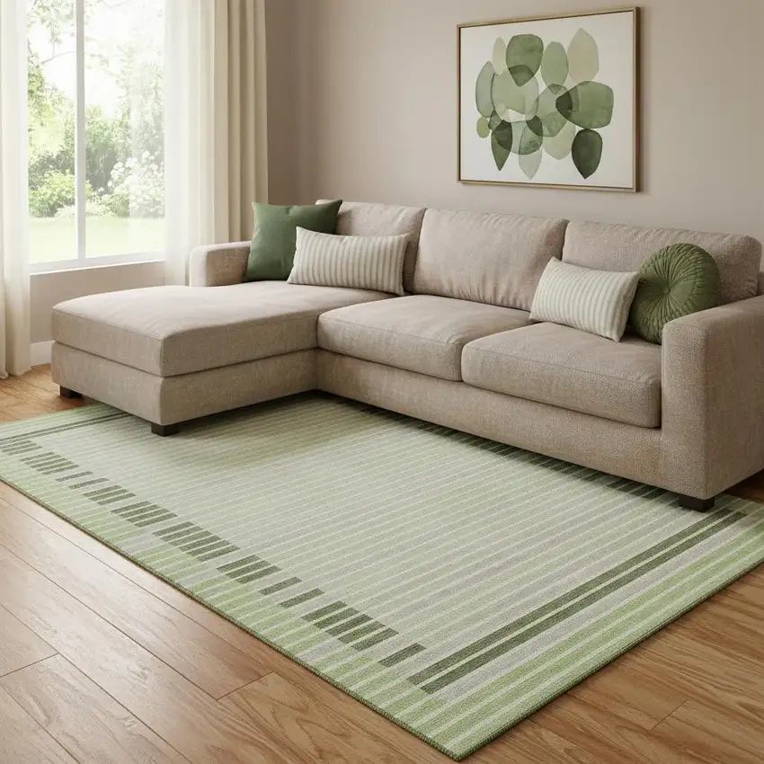 8' Artichoke Green Ivory And Gray Striped Washable Area Rug With UV Protection Photo 2