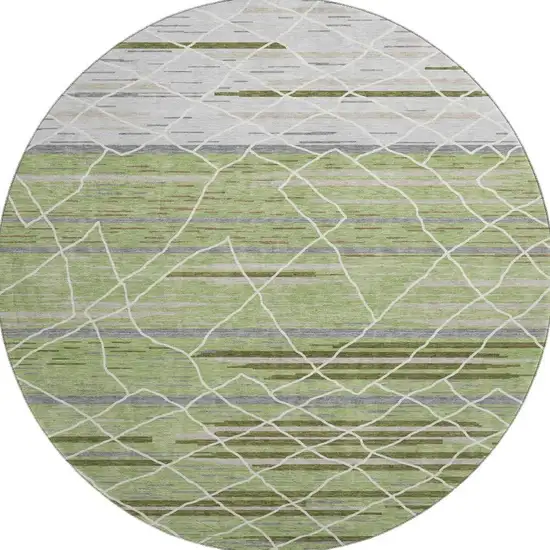 8' Artichoke Green Ivory And Gray Striped Washable Round Rug With UV Protection Photo 3