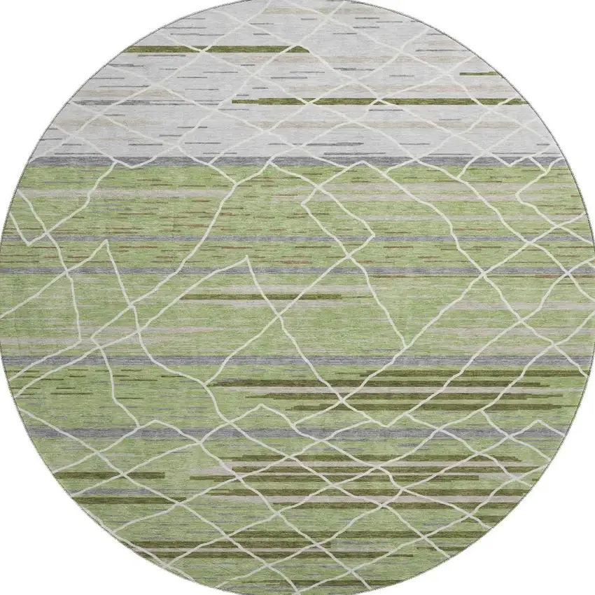 8' Artichoke Green Ivory And Gray Striped Washable Round Rug With UV Protection Photo 3