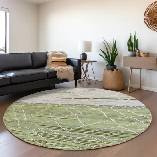 8' Artichoke Green Ivory And Gray Striped Washable Round Rug With UV Protection Photo 4
