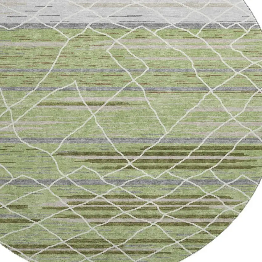 8' Artichoke Green Ivory And Gray Striped Washable Round Rug With UV Protection Photo 2