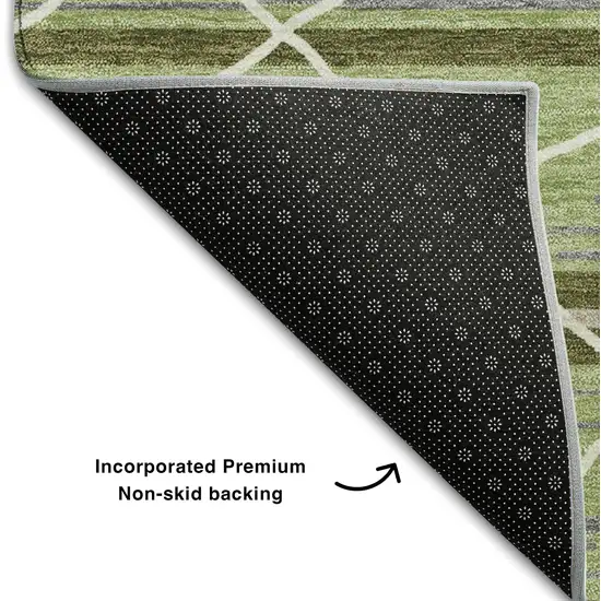 8' Artichoke Green Ivory And Gray Striped Washable Round Rug With UV Protection Photo 5