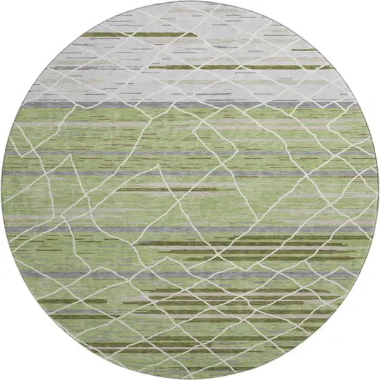 8' Artichoke Green Ivory And Gray Striped Washable Round Rug With UV Protection Photo 1