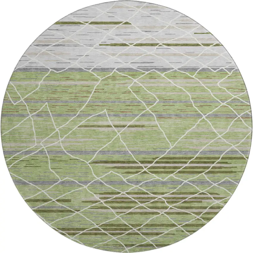 8' Artichoke Green Ivory And Gray Striped Washable Round Rug With UV Protection Photo 1