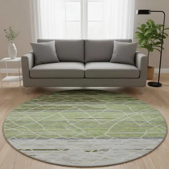 8' Artichoke Green Ivory And Gray Striped Washable Round Rug With UV Protection Photo 1