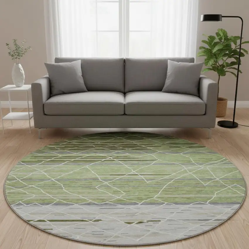 8' Artichoke Green Ivory And Gray Striped Washable Round Rug With UV Protection Photo 1