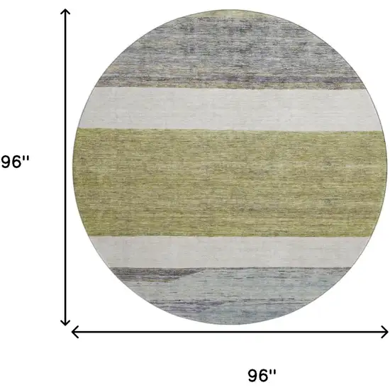 8' Artichoke Green Ivory And Gray Striped Washable Round Rug With UV Protection Photo 9