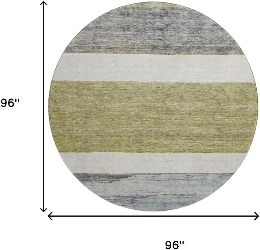 8' Artichoke Green Ivory And Gray Striped Washable Round Rug With UV Protection Photo 9