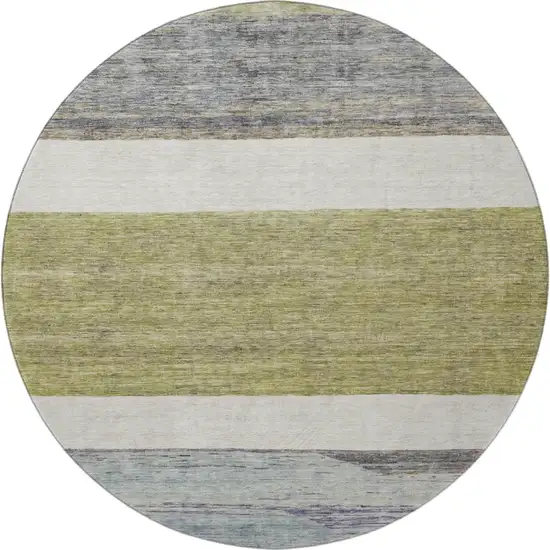 8' Artichoke Green Ivory And Gray Striped Washable Round Rug With UV Protection Photo 3