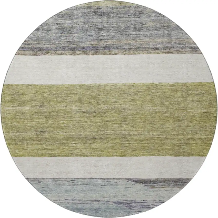 8' Artichoke Green Ivory And Gray Striped Washable Round Rug With UV Protection Photo 3