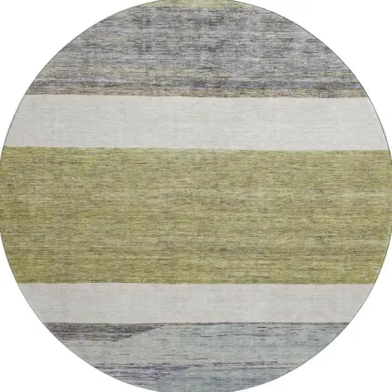 8' Artichoke Green Ivory And Gray Striped Washable Round Rug With UV Protection Photo 2