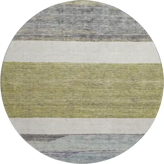 8' Artichoke Green Ivory And Gray Striped Washable Round Rug With UV Protection Photo 1